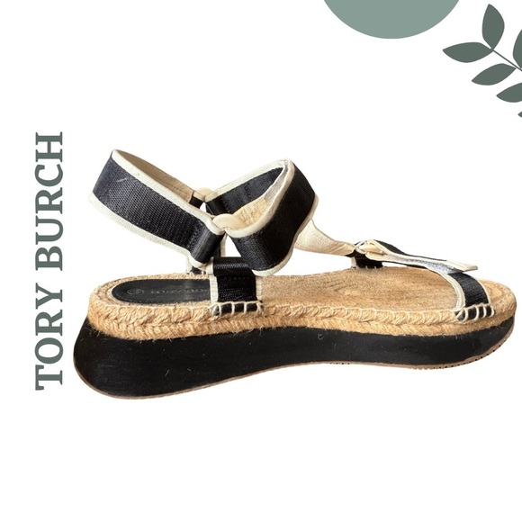Tory Burch Black White Tan Espadrille Platform Sandals Velcro Closure Size 10 - Picture 4 of 10